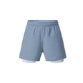 Men's double-layer sports shorts with liner, quick-dry fabric, available in black, dark gray, and light blue