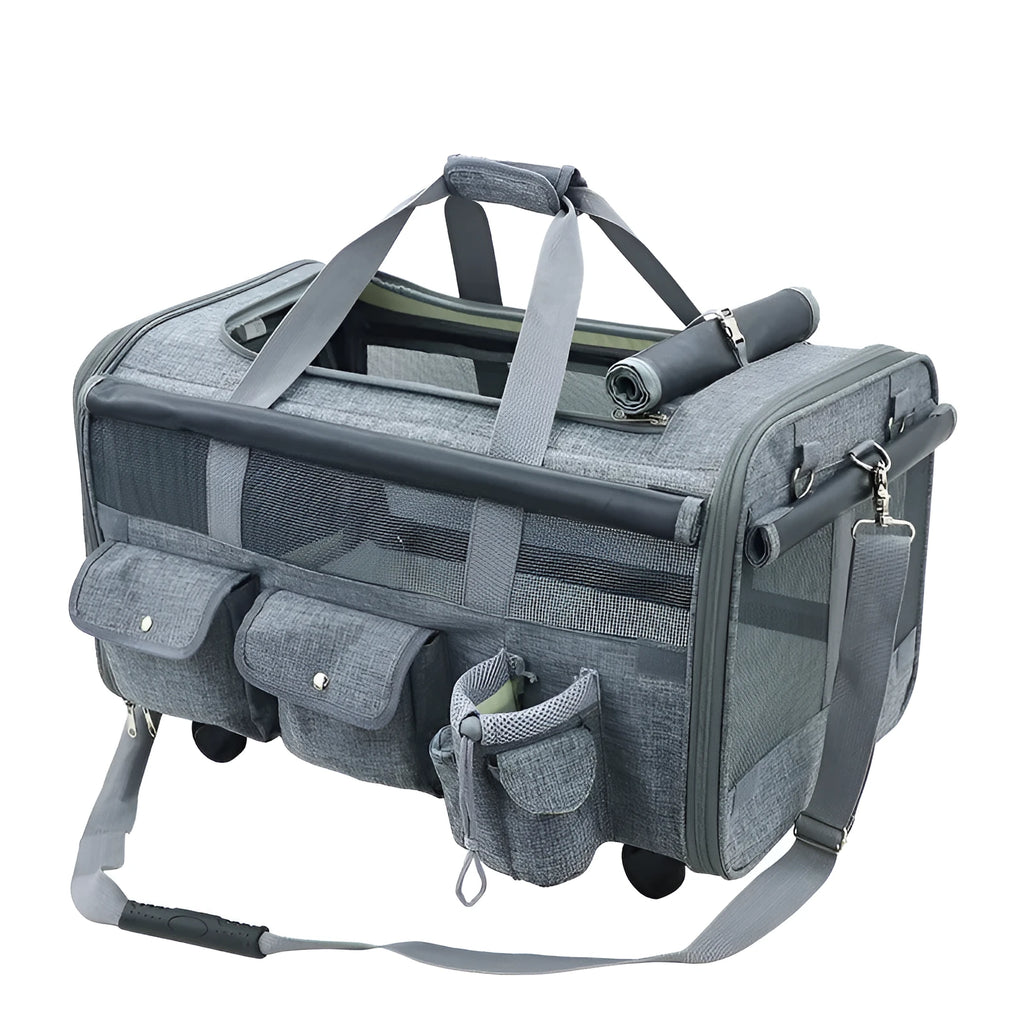 Pink folding travel cat bag with universal wheels and solid bottom, 60cm by 38cm by 32cm