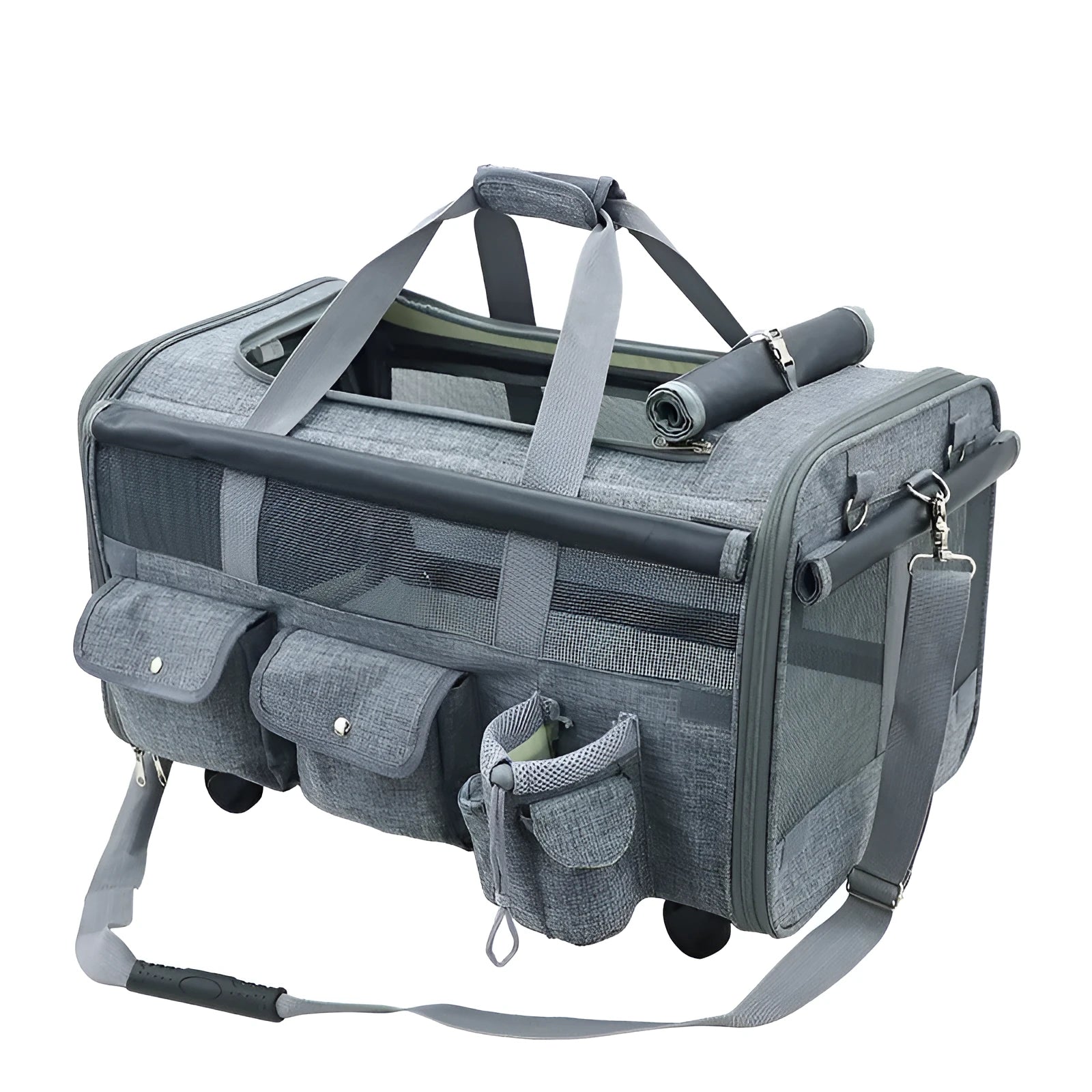Pink folding travel cat bag with universal wheels and solid bottom, 60cm by 38cm by 32cm