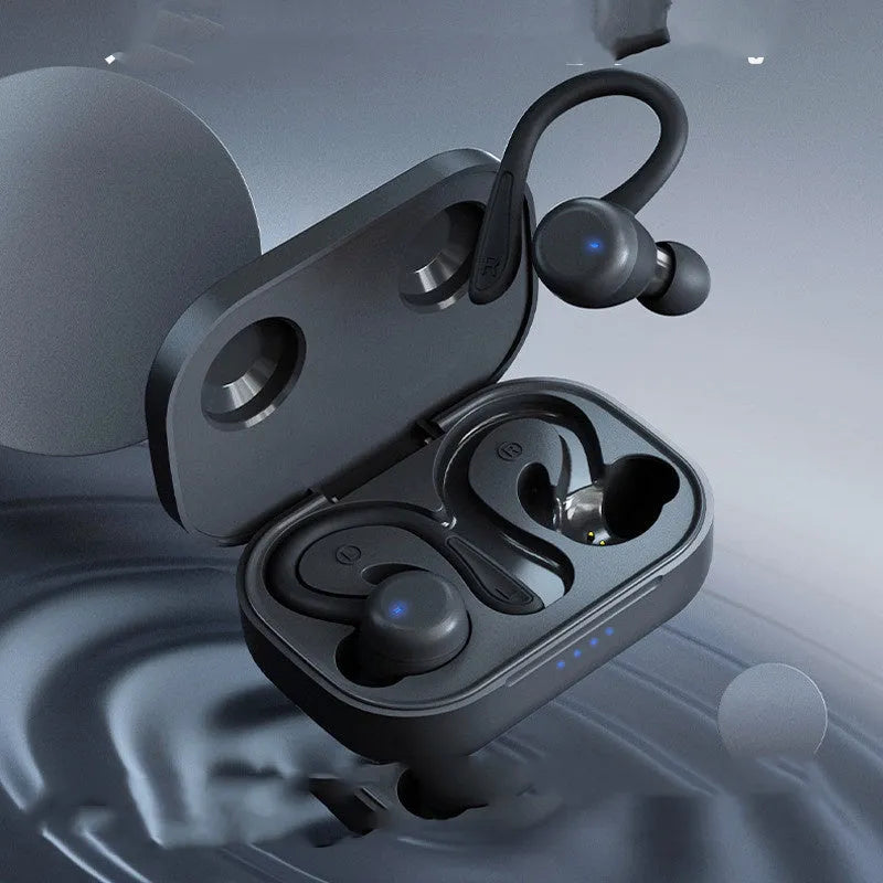 Black wireless sports earphones with removable ear hooks showing charging case and multiple earbud sizes