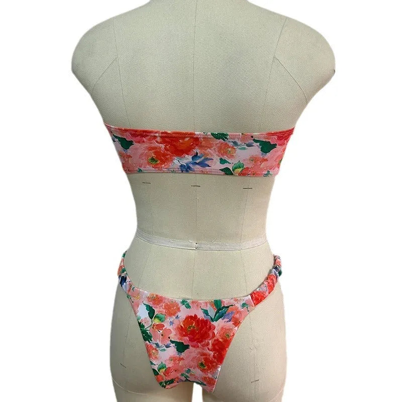 Floral printed tube top bikini set with matching briefs in blue colour option
