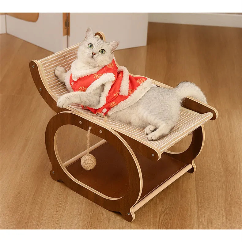 Solid wood cat scratcher bed mat with sisal surface in walnut colour option