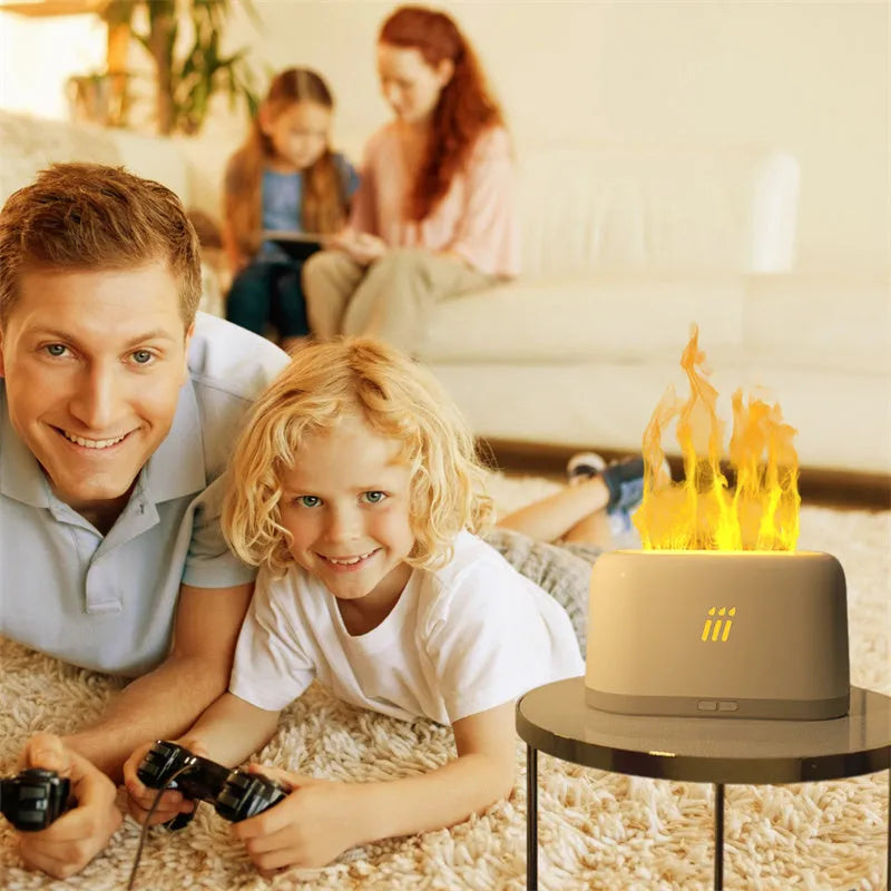 Flame aroma diffuser humidifier ultrasonic cool mist LED lamp round 133x133x107mm USB black