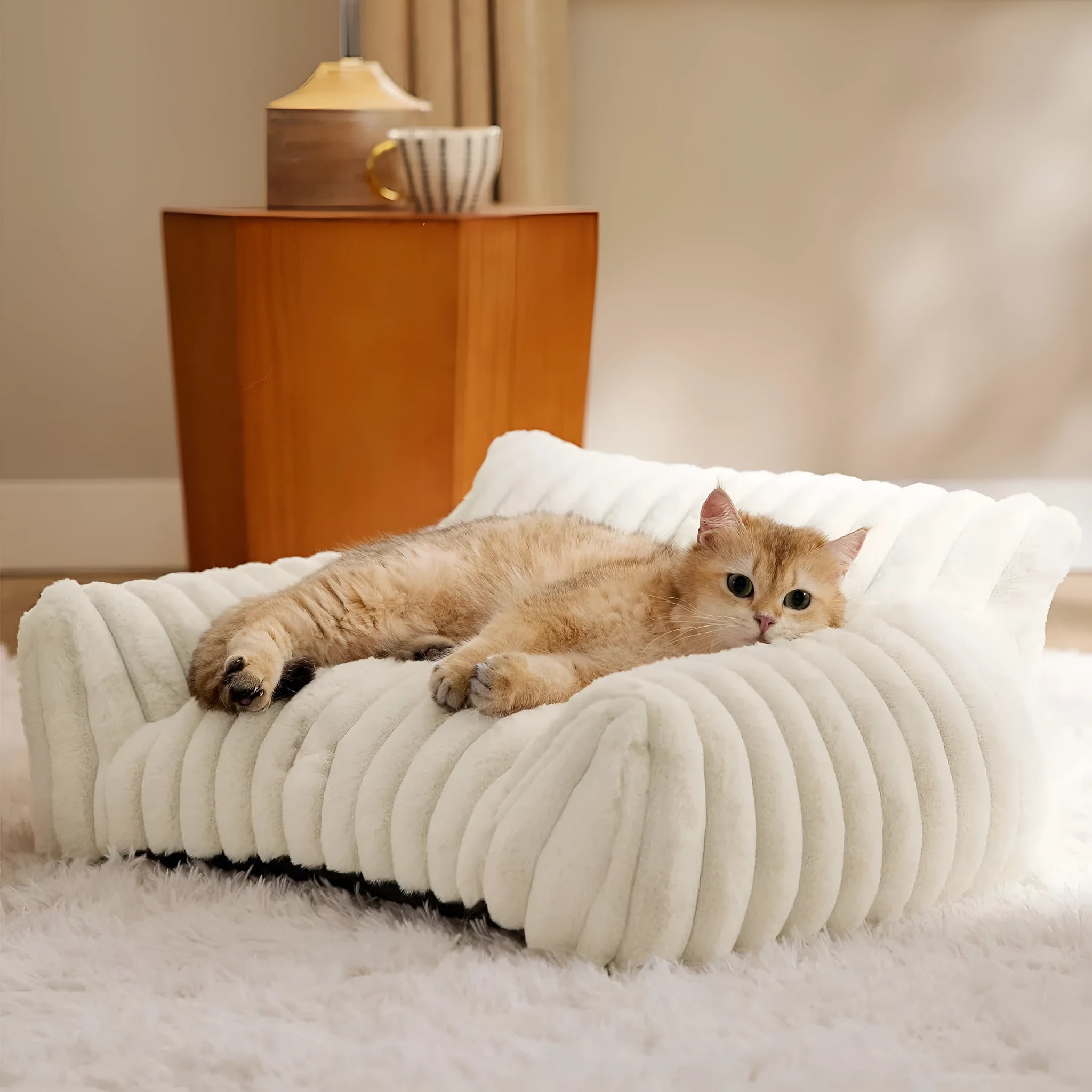 Bedsure fluffy cat couch for indoor cats with three-sided backrest and soft corduroy fleece cover in beige