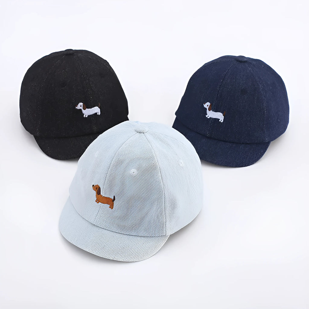 Baby denim baseball cap with puppy design in light blue, sunshade brim, 48cm size