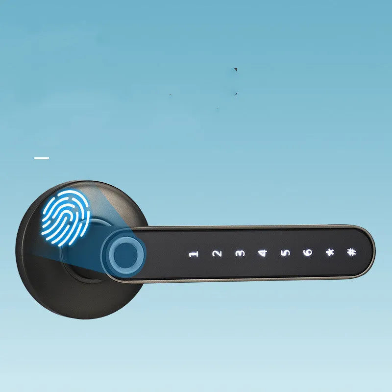 Black alloy smart lock with fingerprint sensor and keyless door handle for home use