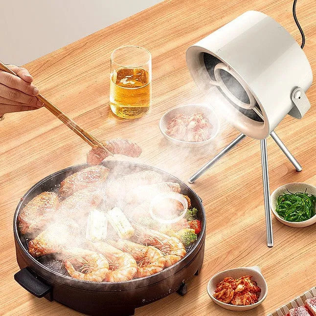 Milky white portable desktop exhaust fan with tripod stand and USB cable