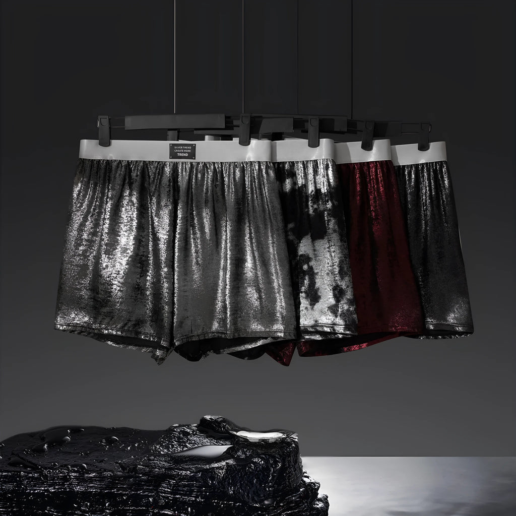 Galaxy brand reflective woven men's underwear in silver colour on a mid-waist mannequin.