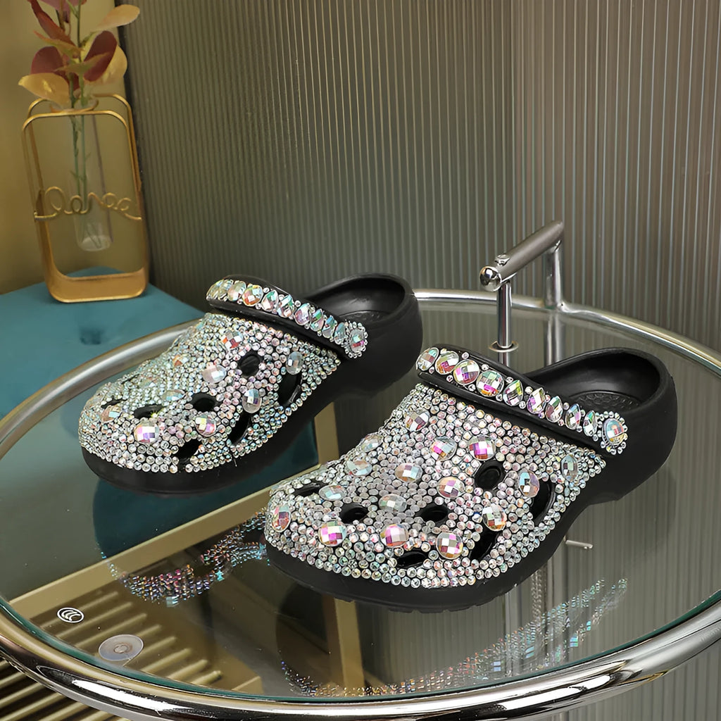 Black platform casual sandals for women with rhinestone details and hole shoe design