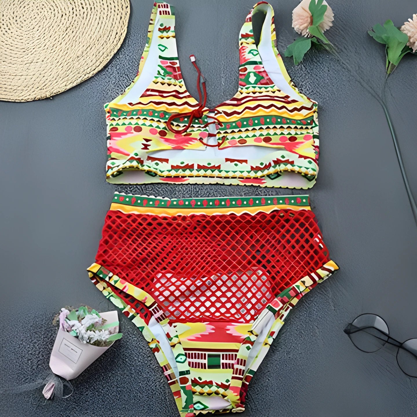 Women's cross strap fishnet high waist bikini set in checkered multicolor with bra top and shorts
