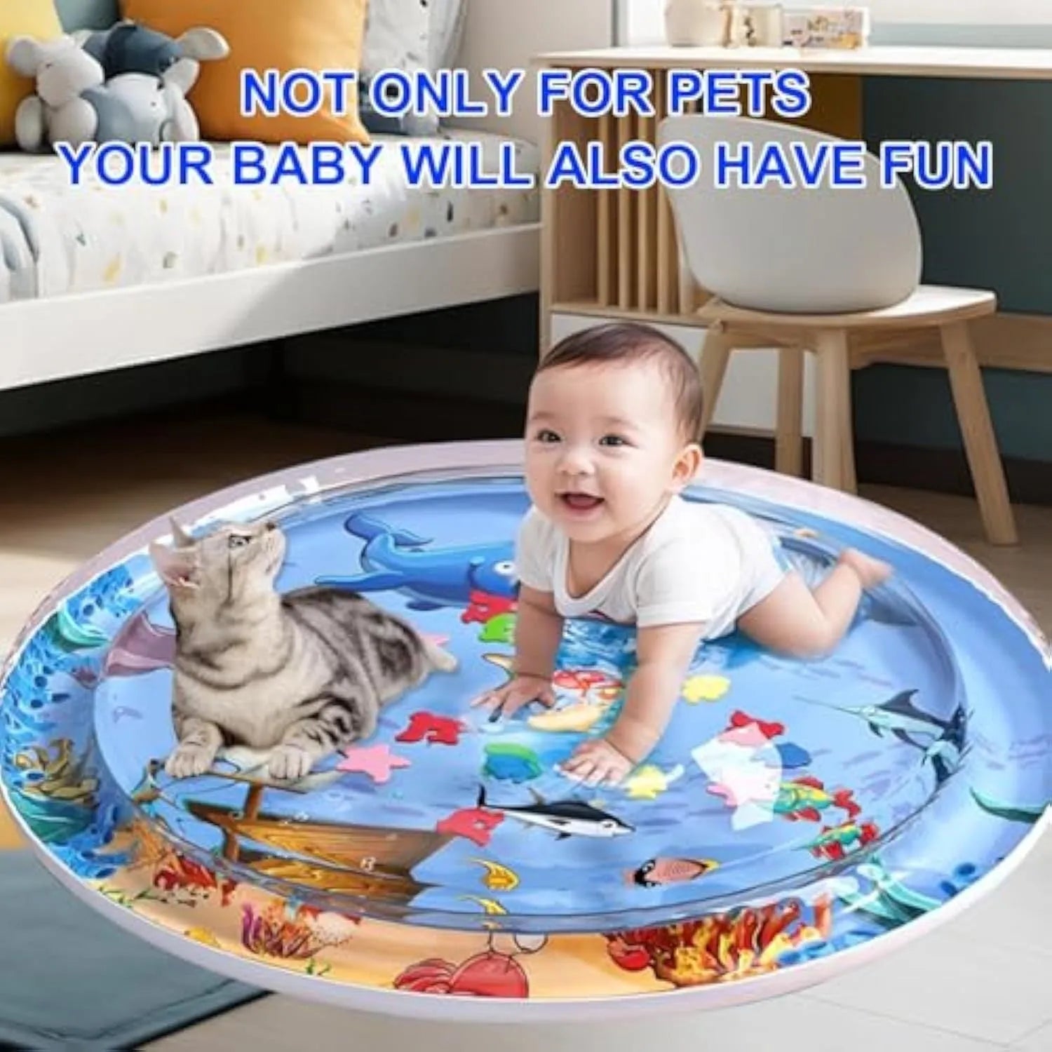 Blue 0.5mm thickened cat water mat with ocean fish toys and inflator, 90cm diameter, on floor