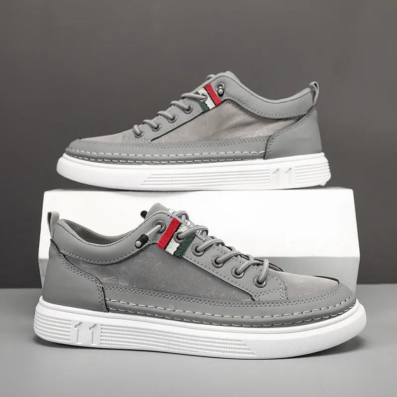 Casual men's high-top sneakers with PU upper and PVC sole, available in black, gray, and green.