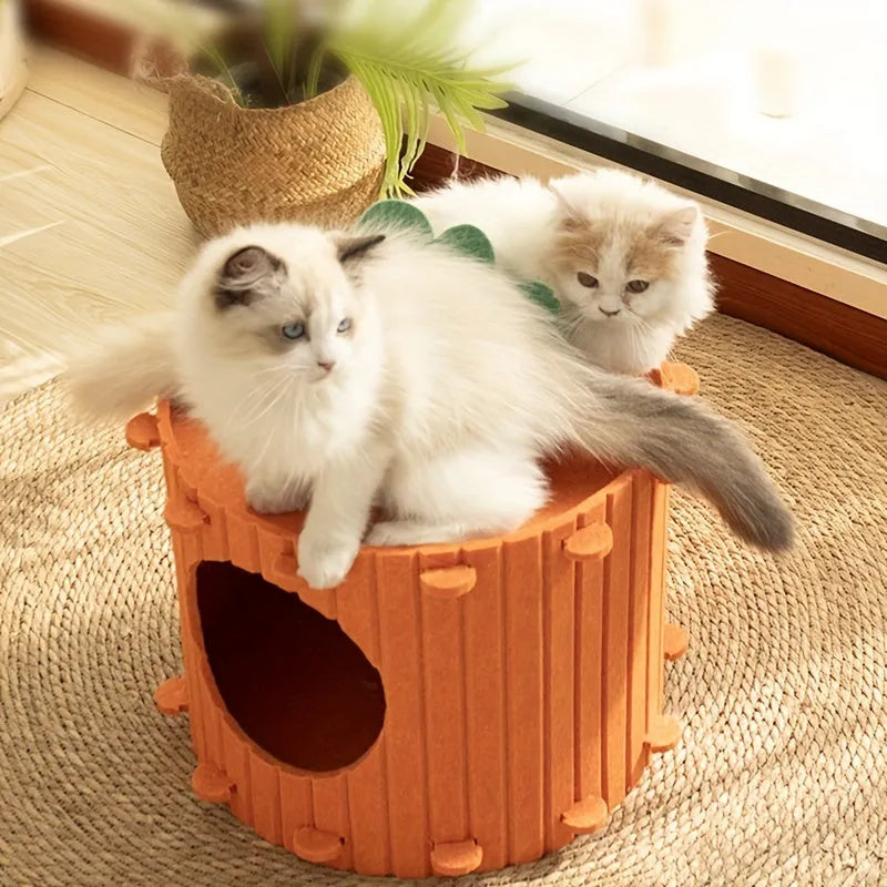 Grey thick felt semi-enclosed cat tunnel nest bed showing its drilled entrance and soft interior.