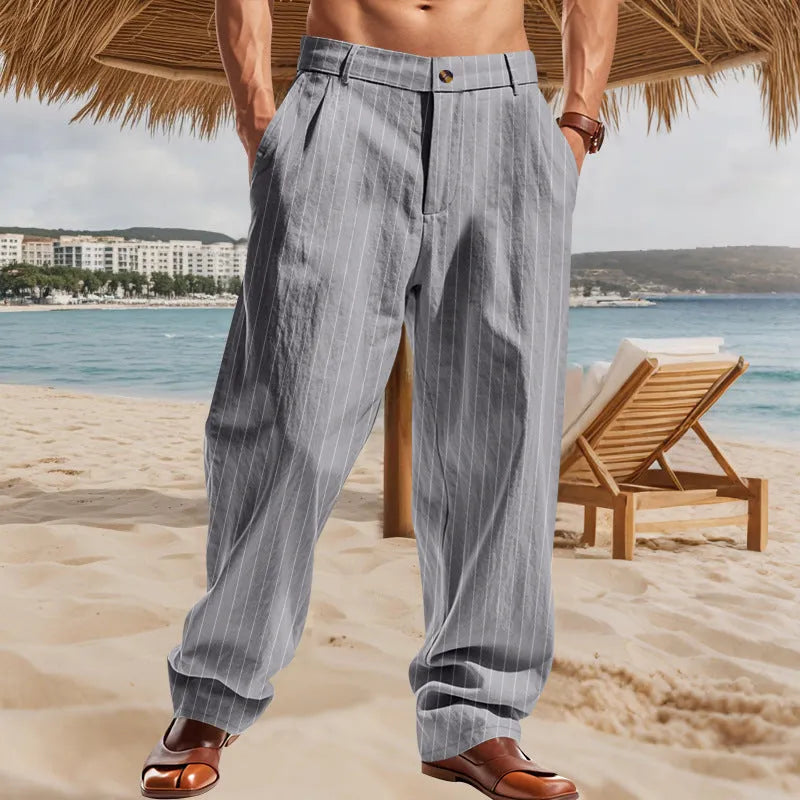 Men's linen striped high waist wide leg trousers in light khaki, front view