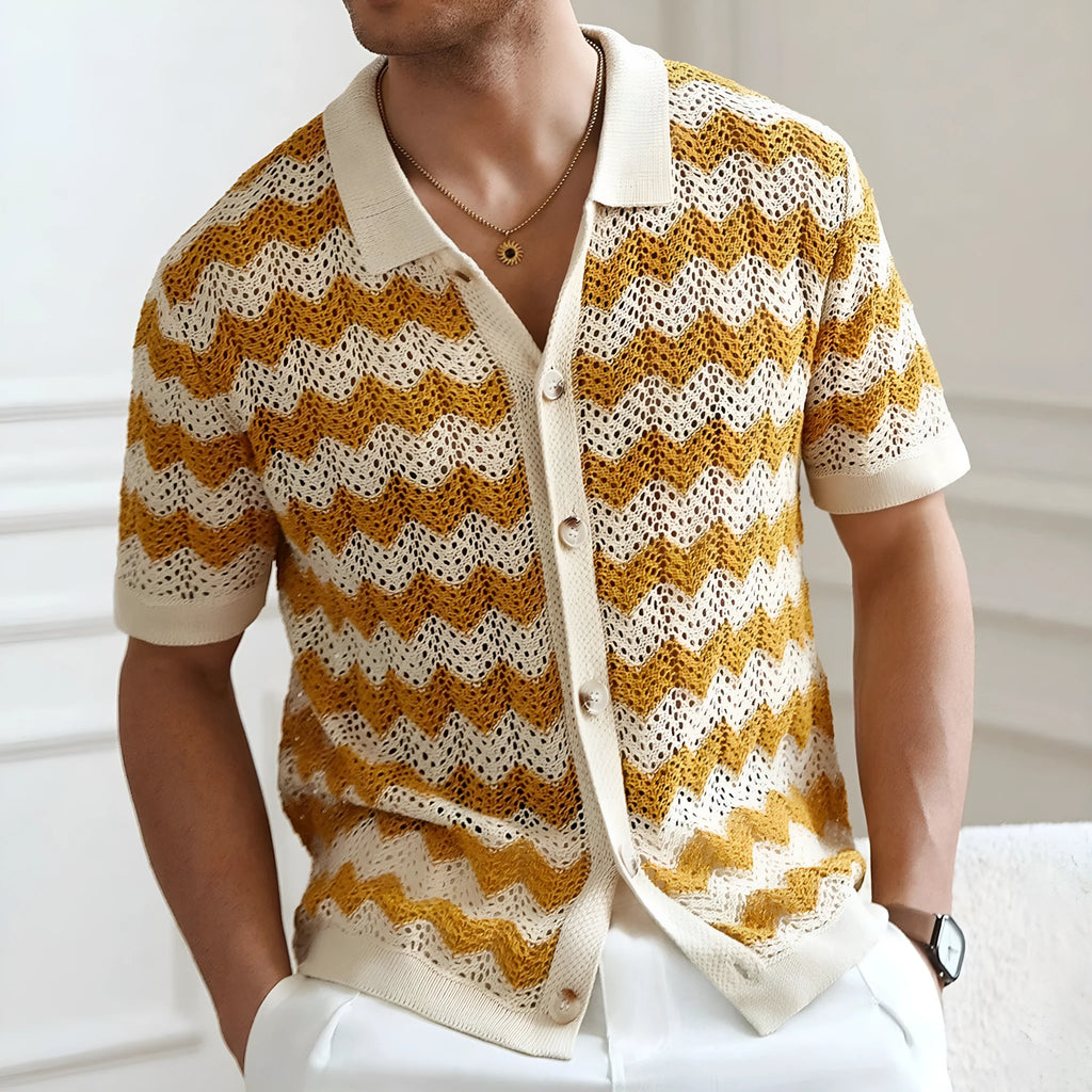 Short sleeve summer sweater with corrugated jacquard texture in blue, brown, or yellow