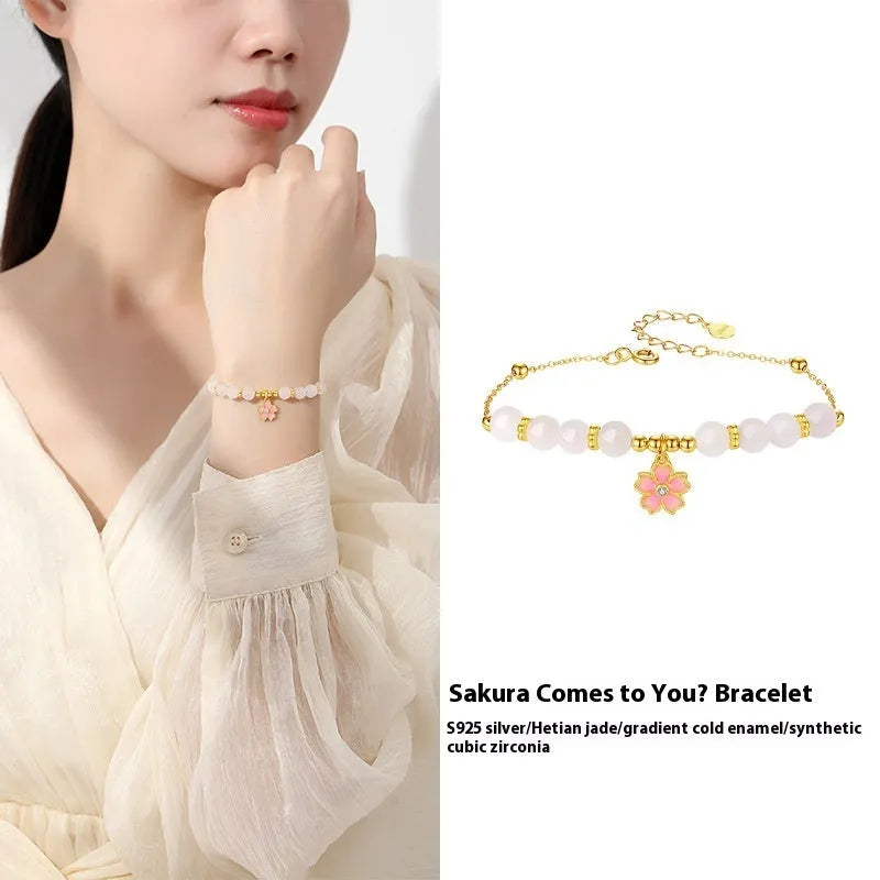 S925 silver gradient epoxy cherry blossom pendant Hetian jade beaded bracelet pink sweet style