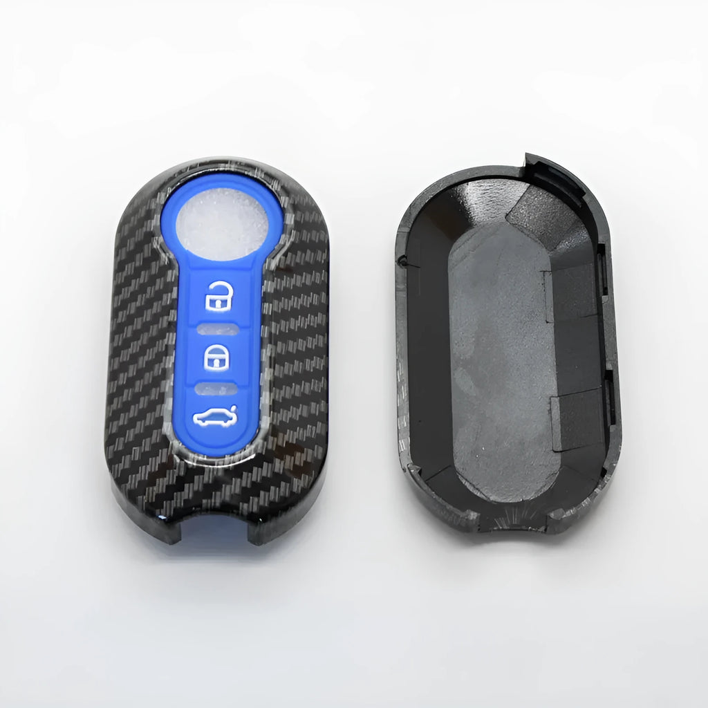 Fiat 500 Boyue car key shell in carbon fibre black ABS plastic, showing button layout.