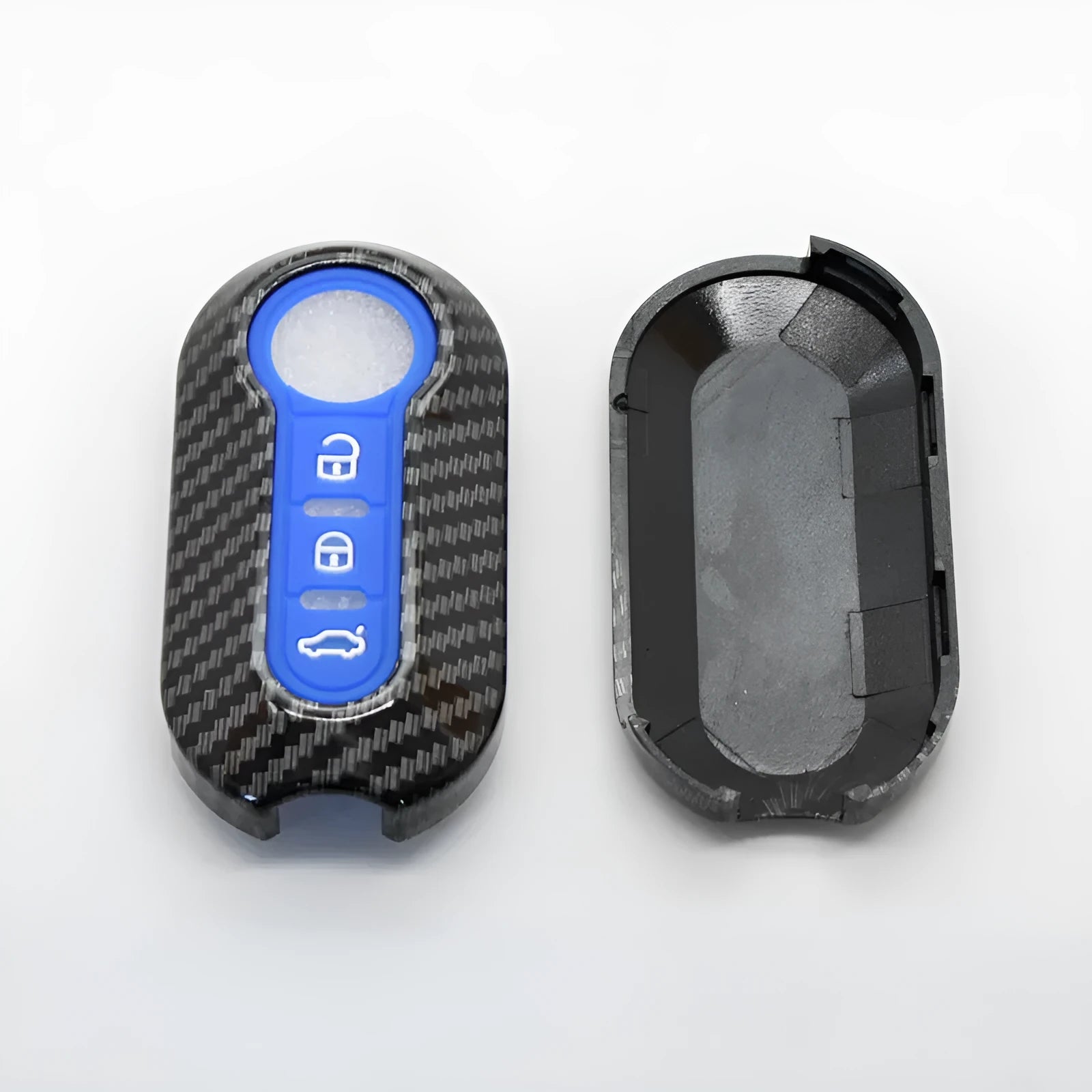Fiat 500 Boyue car key shell in carbon fibre black ABS plastic, showing button layout.