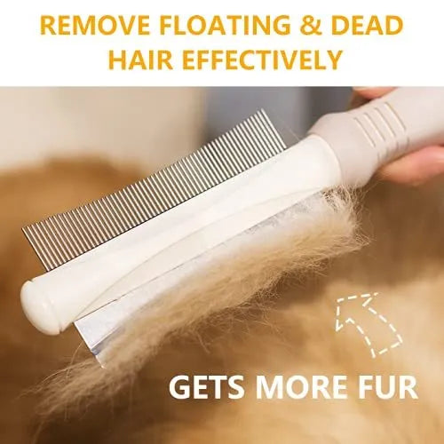 White double-sided pet grooming brush showing comb and deshedding sides, with ergonomic anti-slip handle.