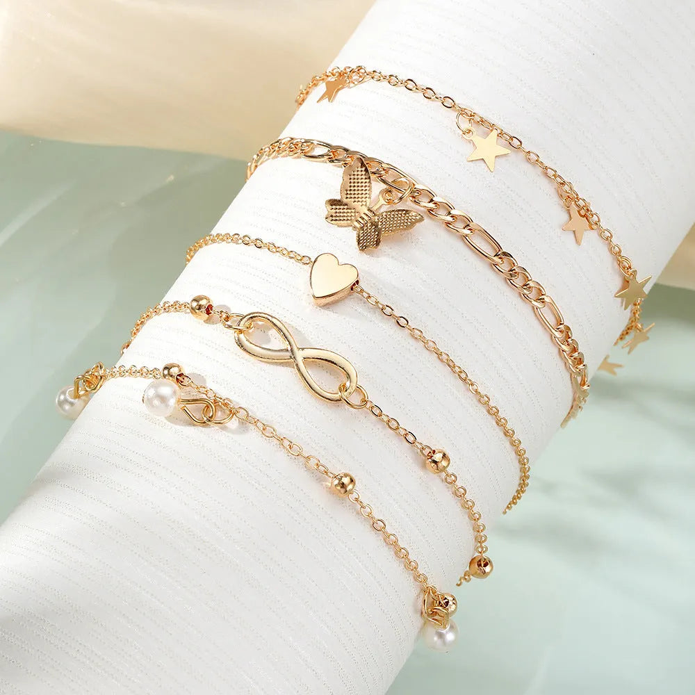 Alloy butterfly pearl heart anklet 4-piece set multi-layer simple style women's jewellery