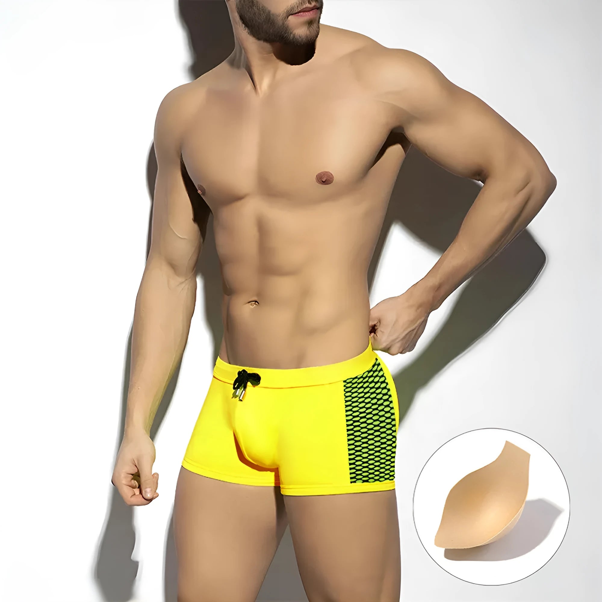 Men's polka dot print quick-dry swimming boxers in nylon on a hanger