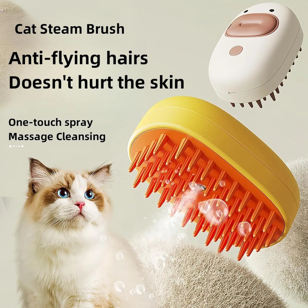 White rechargeable steam pet brush for dogs and cats on a table