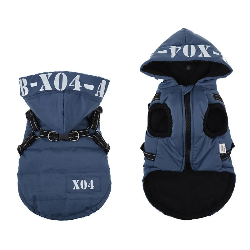 Red waterproof fleece-lined dog jacket with hood for winter wear on a small dog