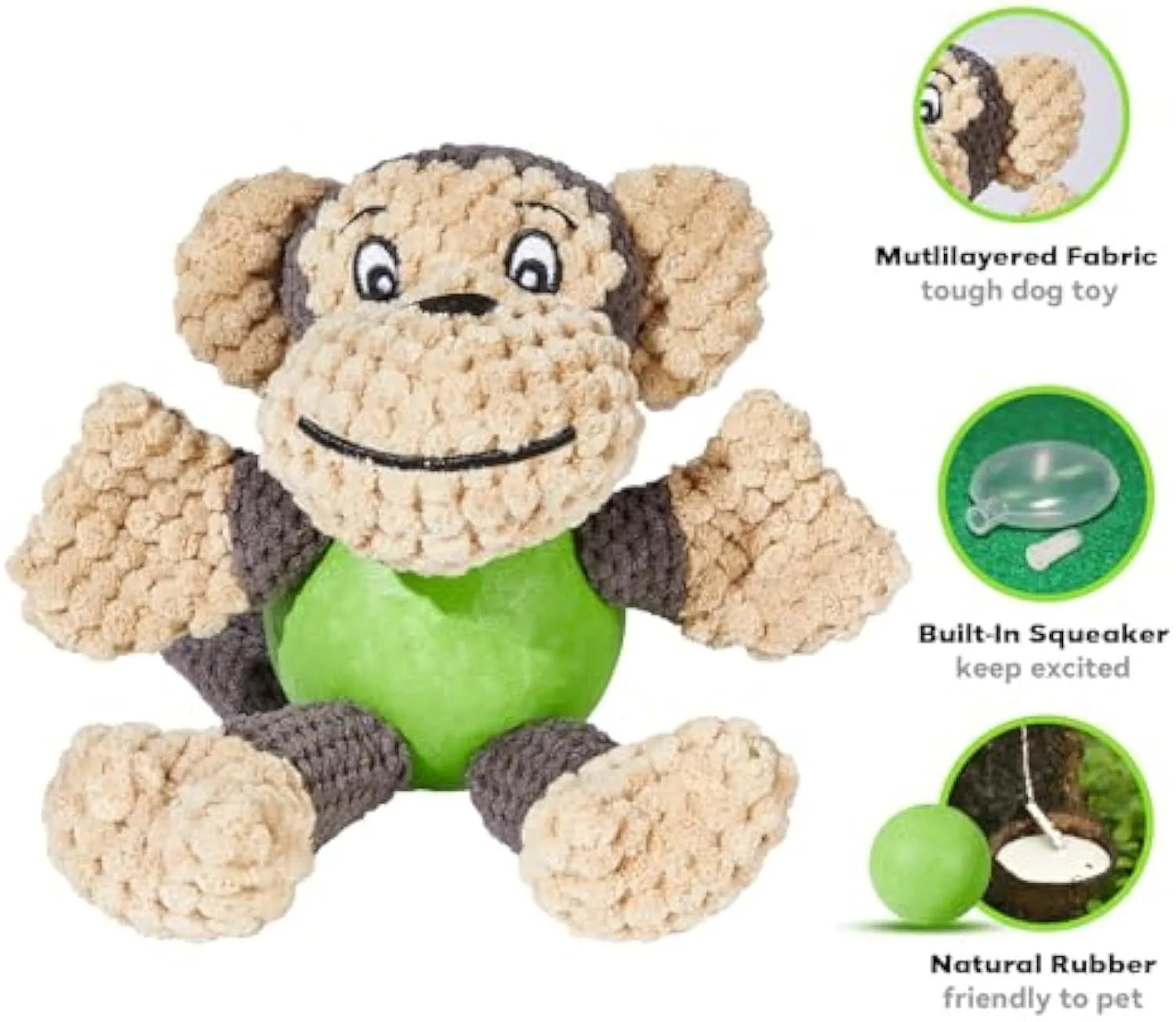 Cute squeaky monkey plush dog toy with soft fabric, designed for small and medium dogs