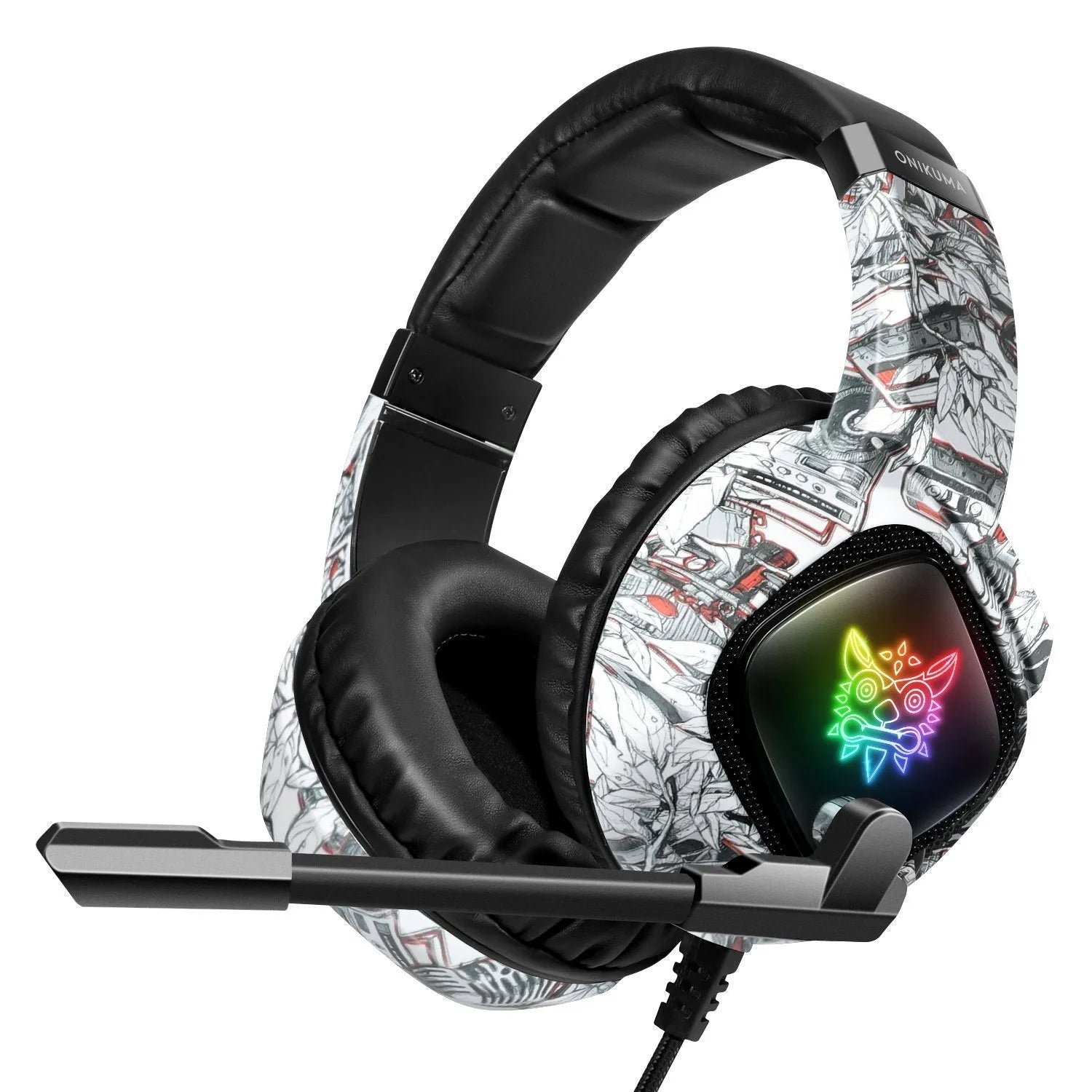 Camouflage grey wired RGB gaming headset with head-mounted design and 2.2 metre braided cable