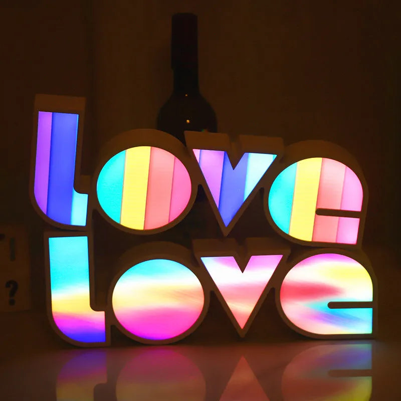 LED LOVE light with rainbow lampshade, plastic build, USB cable, 35.5x13.5cm, romantic bedroom decor