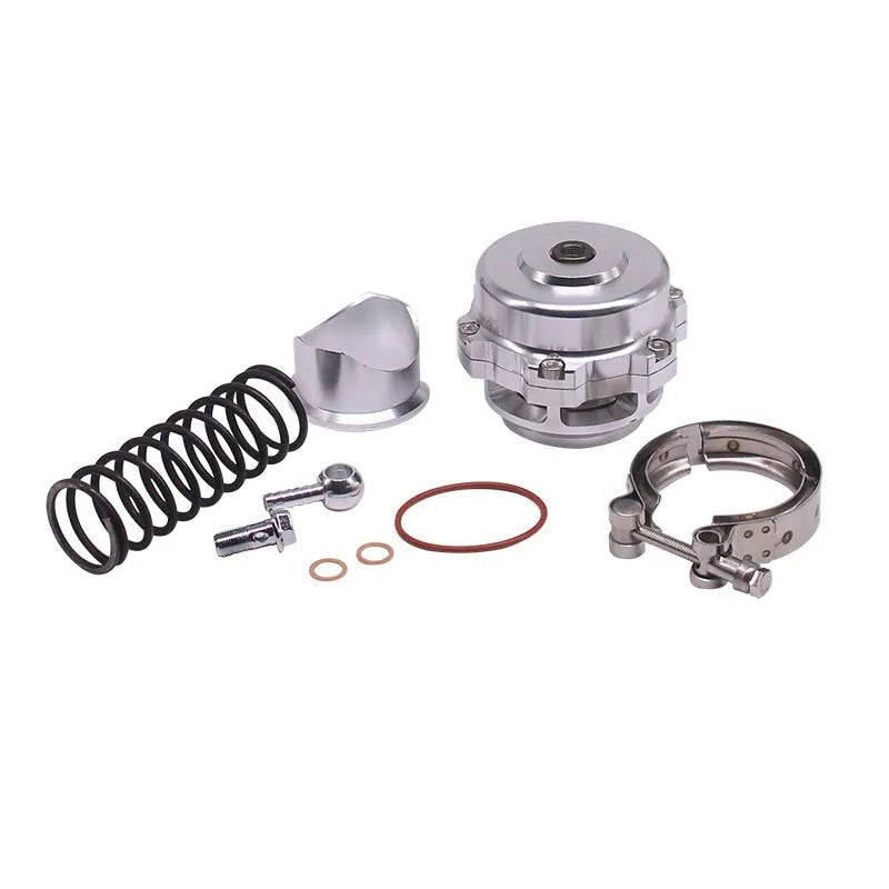 Universal aluminium alloy blow-off valve for turbo protection, 50mm, shown in multiple colours.