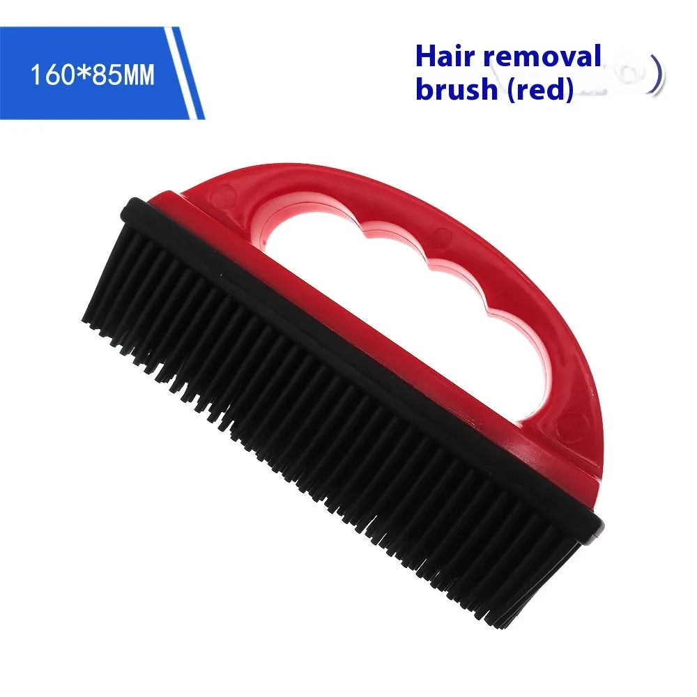 Red pet hair removal brush with curved rubber bristles measuring 160mm by 85mm
