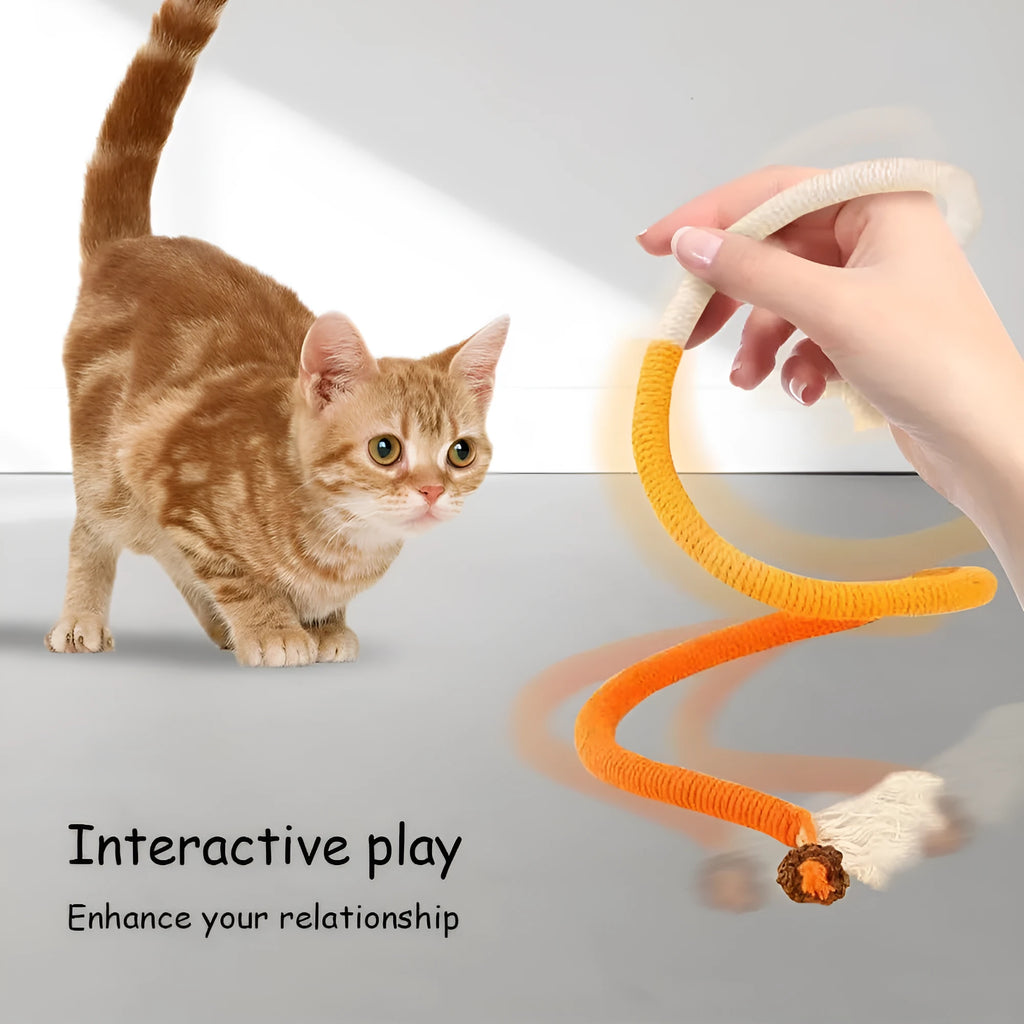 Cat bite rope toy made of cotton string, 70cm long, catnip-stuffed, available in purple, orange, or red with green colours
