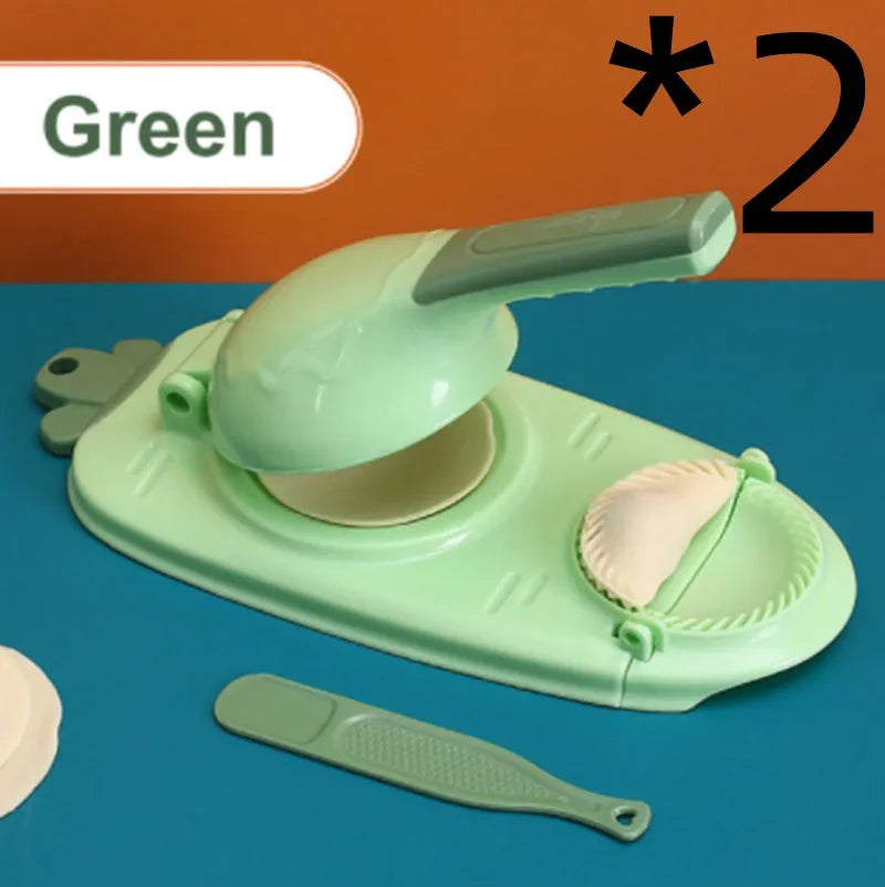 2-in-1 plastic dumpling dough press maker in orange and white, with ergonomic handle and hanging hole for storage
