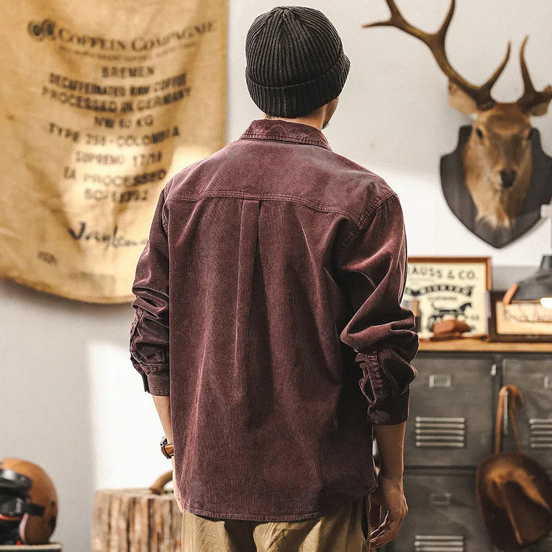 Men's black retro corduroy shirt with long sleeves and loose fit