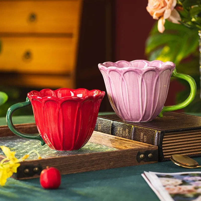 Ceramic breakfast cup with floral pattern in pastoral style, 500ml capacity