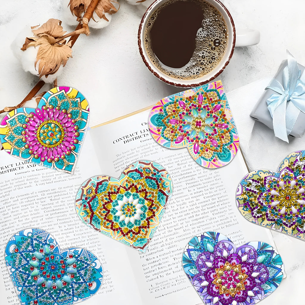 Six handmade PU leather cornerite bookmarks with stick-on crystals in modern simplicity style.