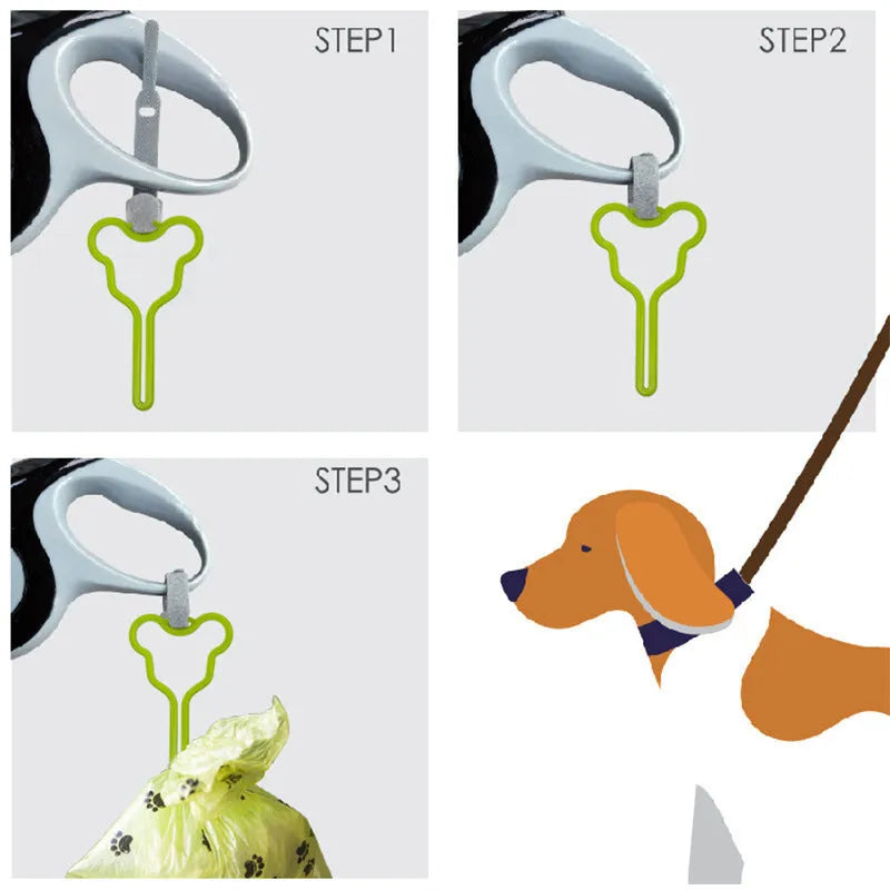 Dog poop bag holder with fixed clip and adjustable velcro strap for leash attachment