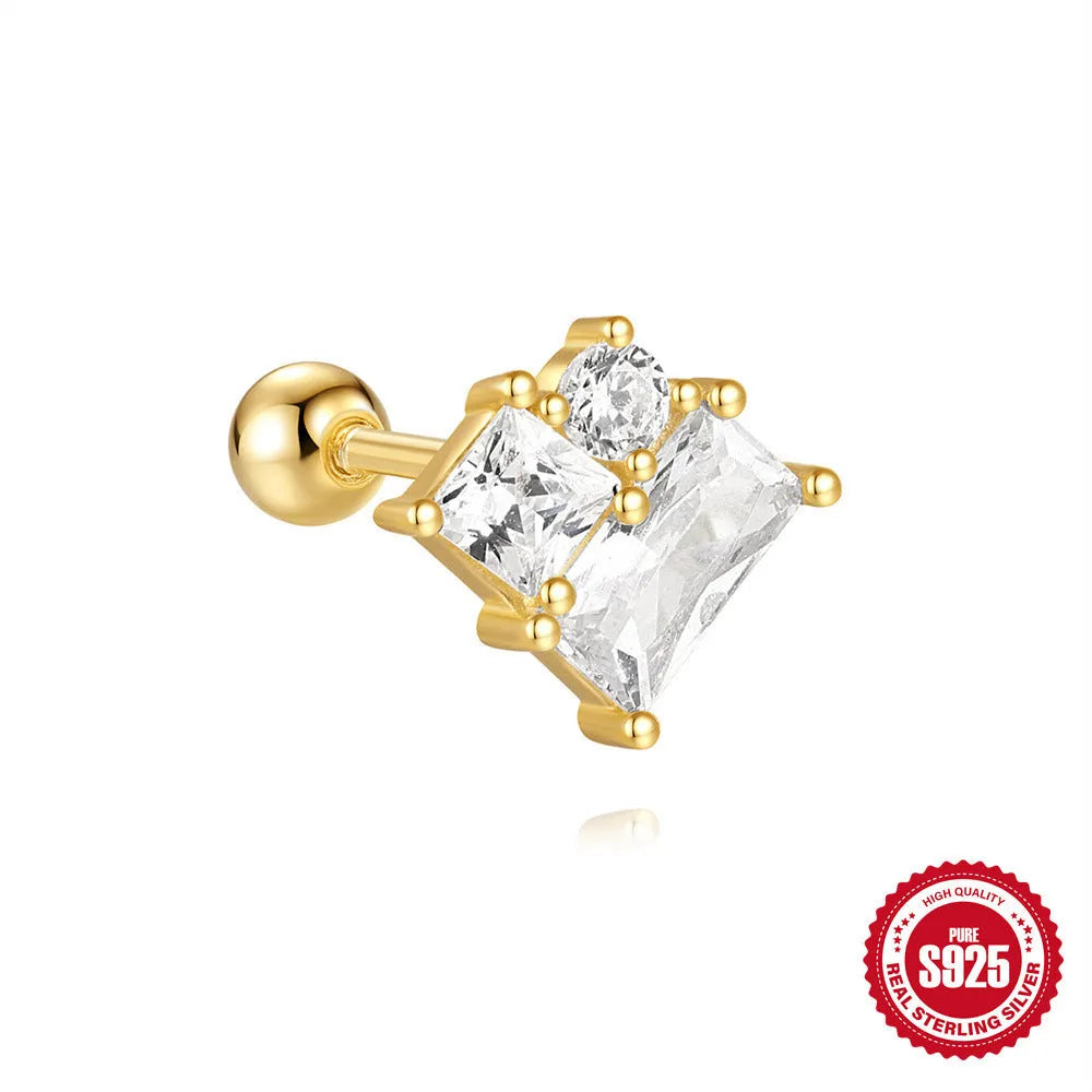 S925 sterling silver red flower stud earrings with square gravel texture and golden electroplated finish
