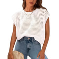 White women's sweater with crochet cover sleeves and round neckline on hanger