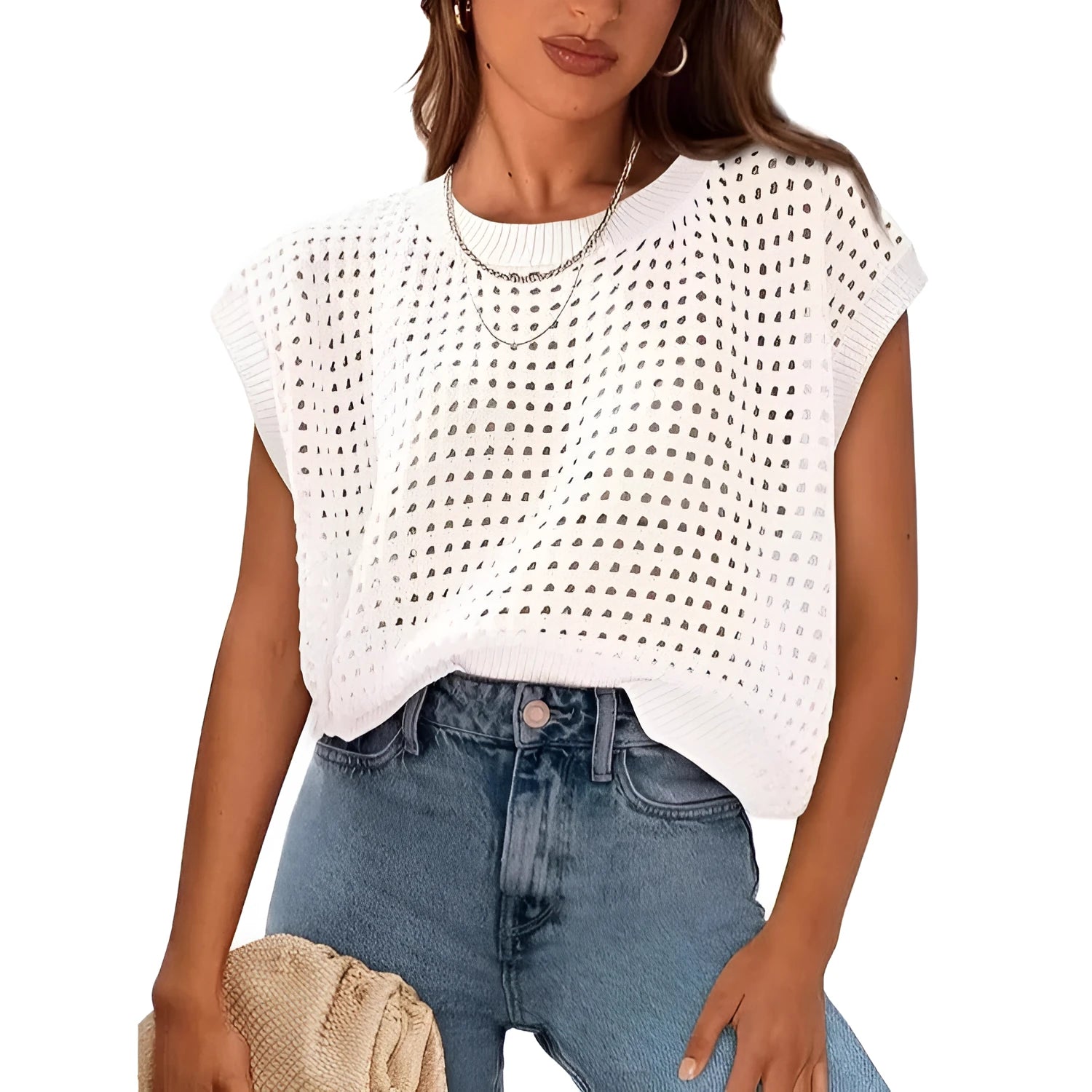 White women's sweater with crochet cover sleeves and round neckline on hanger
