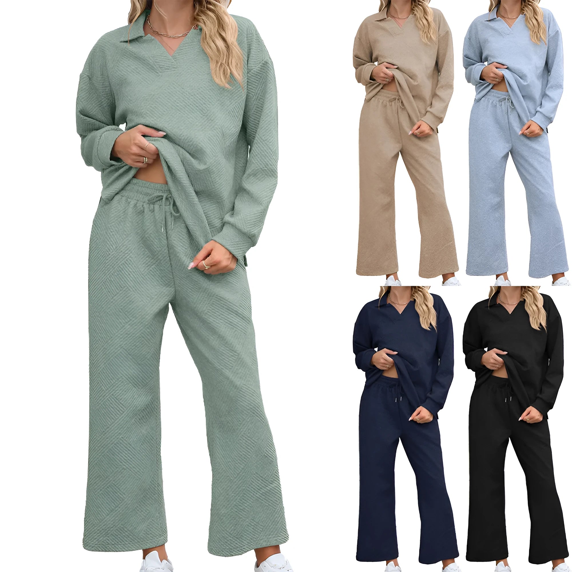 Women's solid colour rayon jacquard knit suit with long sleeve top and elastic waist cropped trousers.