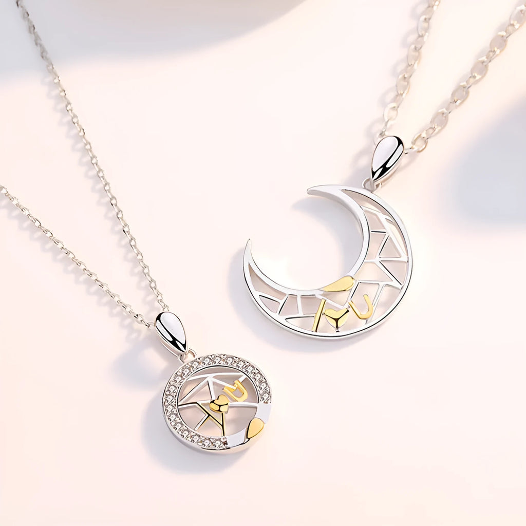 Sun and moon couple necklace set with electroplated copper pendants and cross chain