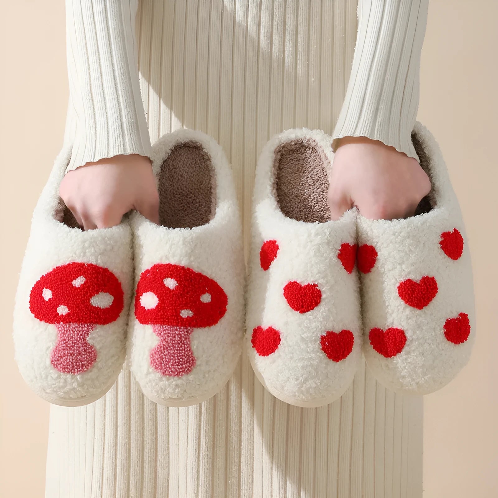 Cartoon love style plush slippers for women with PVC soles in multiple colour options