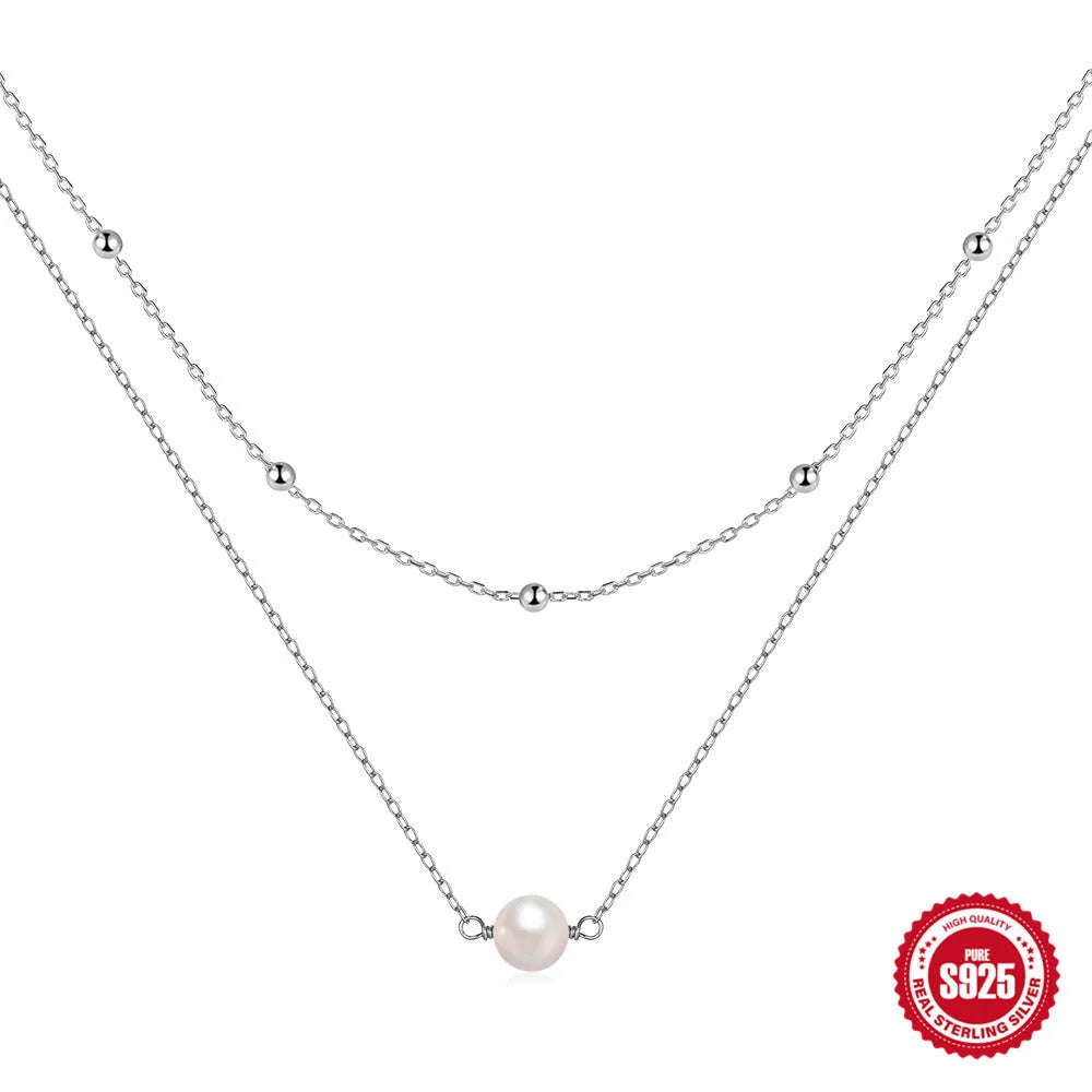 S925 sterling silver double layer necklace with twin pearl pendant in geometric design