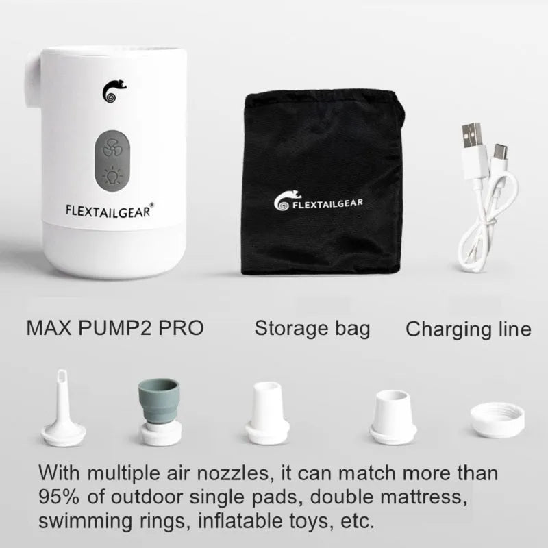 Outdoor Products P2 PRO portable mini camping air pump in black with USB cable and five nozzle accessories