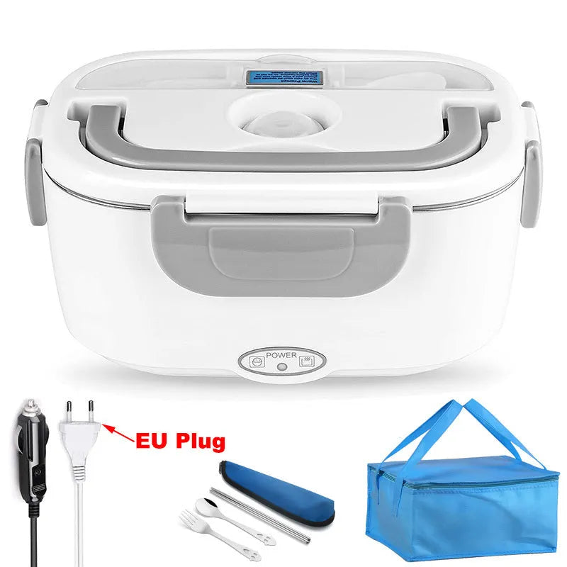 Grey dual-voltage electric lunch box for car and home use with stainless steel or plastic inner tank