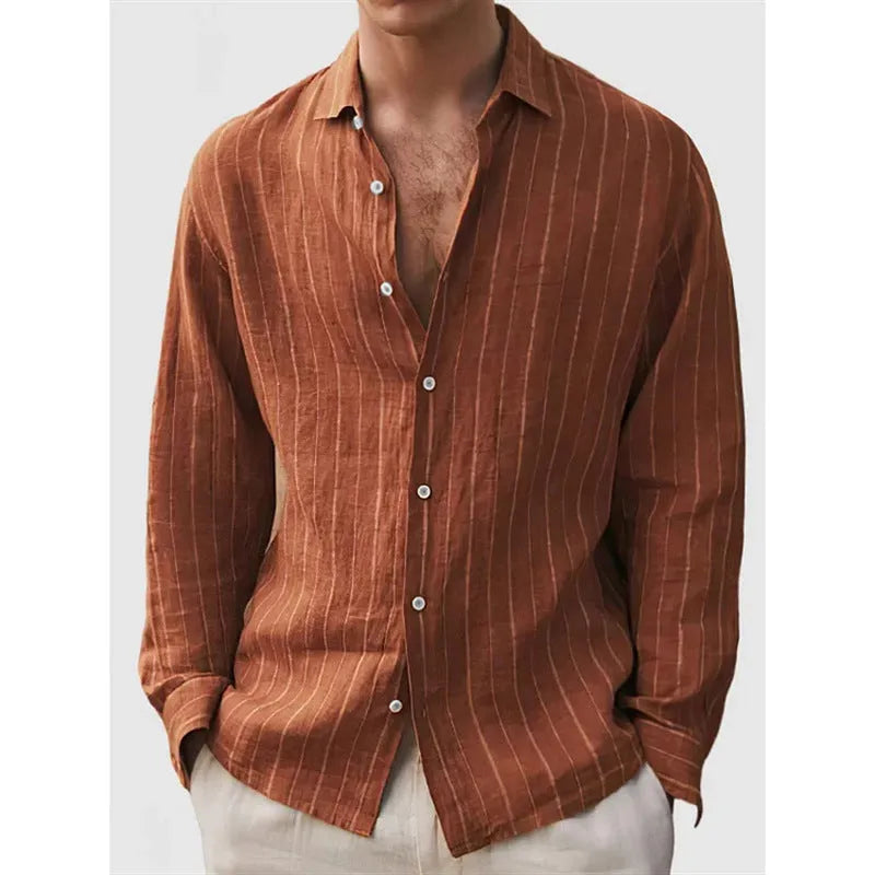 Long sleeve men's striped print shirt, 80 thread polyester, loose cardigan style, short sleeve, multiple colours