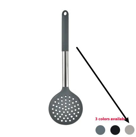 12 piece silicone kitchenware set with rotating storage bucket containing ladle spatula and clips