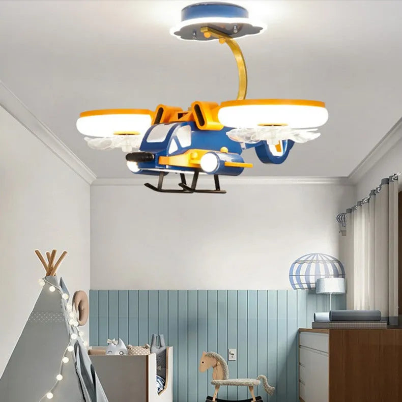 Smart Fighter Boy large room bedroom fan light with metal blades and acrylic lampshade in yellow and blue